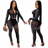 Mesh See Through 2 Piece Set Sexy Club Party Diamonds Women Set Outfits V Neck Long Sleeve Crop Top Tight Pants Set